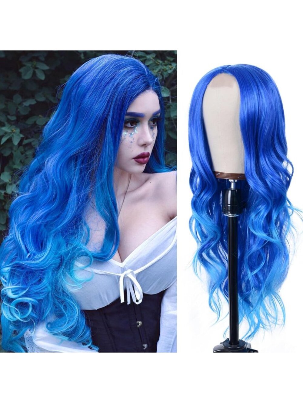 Women's Blue Synthetic Hair Dirty Blonde Heat Resistant Long Wavy Wig